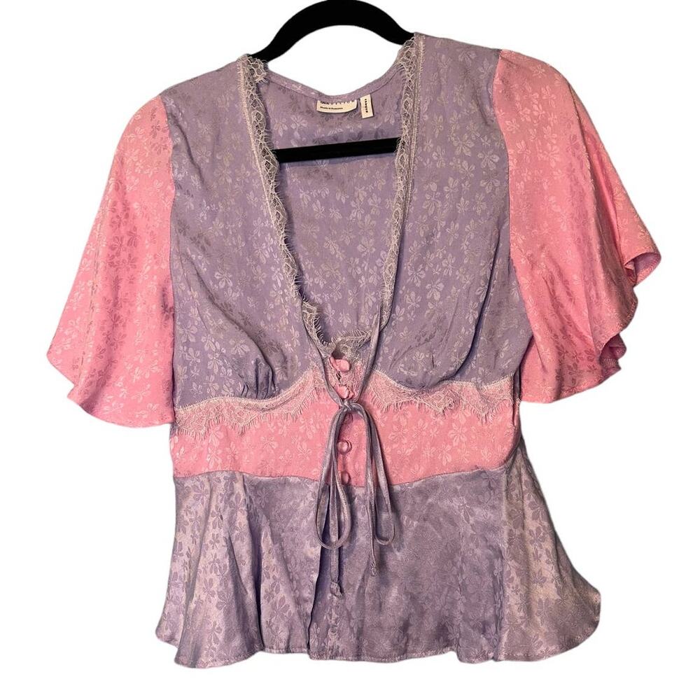 ASOS Lavender and Pink Lace-Trim Flutter Sleeve Blouse